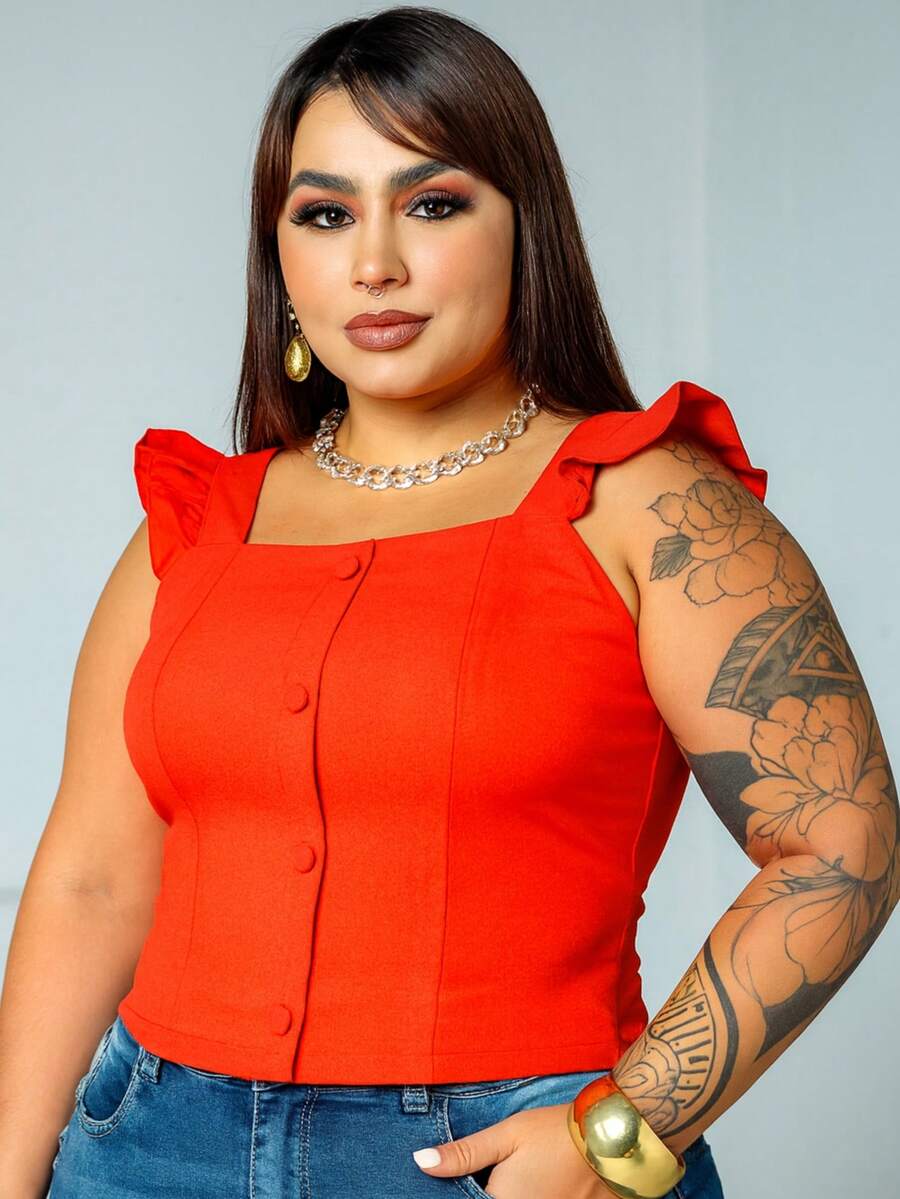 Women's Summer Plus Size Cropped Blouse With Ruffled Sleeves, Button Detail, Back Zipper, Curve Look, Sizes 44 To 54 - Orange - View 1