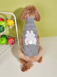 1 pièce Vêtements pour animaux de compagnie Automne/Hiver Tricoté Élastique Design de col retourné Couleur unie Mignon Pompon de lapin Petit chien Chat Pull - Gris - Voir 4