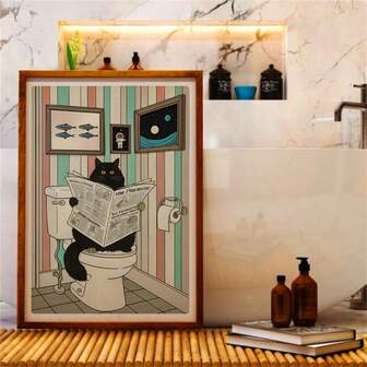 1pc Quirky Black Cat Reading Newspaper Toilet Art Poster: Funny Bathroom Wall Decor Posters Canvas Painting Wall Arts Room Home Decoration Unframed