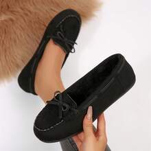 Ladies Shoes Cozy Warm Faux Lined Lace-Up Bow Spring Fall Shoes Loafers Flats Outdoor Walking Travel - màu đen - Xem 5