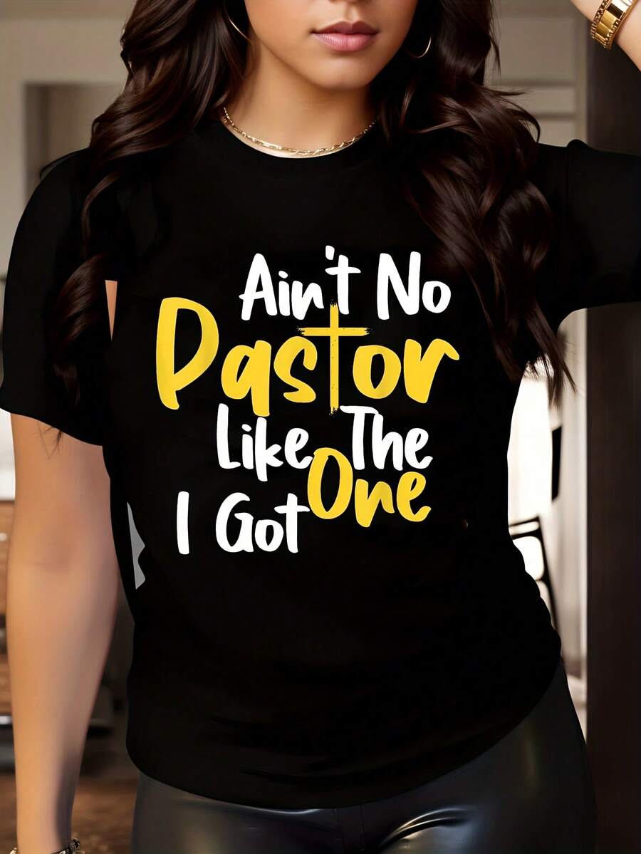 Funny Saying Ain't No Pastor Like The One I Got 1 Pcs Women's Plus Size T-Shirt Funny Oversized Graphic Short Sleeve Tee Novelty 100% Polyester Shirt Casual Crew Neck Top 220g - Black - View 1