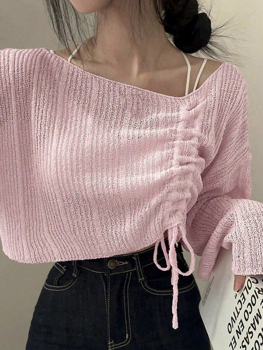 Soft & Comfortable Drawstring Knit Sweater, Women's Style - Pink - View 1