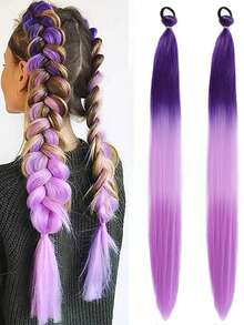 2Pcs 26Inch Halloween&Christmas Purple,Green,Blue,Pink,Red,Blonde Colorful DIY Braiding Hair Extensions Synthetic Long Yaki Straight Heat Resistrant Fluffy Ponytail Extension For Women Girls Hair Accessories