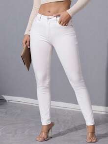 Lässige vielseitige einfarbige Stretch Skinny Jeans mit Taschen - Weiss - Übersicht 5