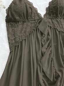 Women's Sexy Solid Color Lace Camisole Nightgown With Matching Lace Panties, V-Neck Design Accentuates Elegant Neckline, Delicate Lace Patterns Add Soft Femininity, Ruffled Hem And Bust Bring Playful Charm, Ideal Gift For Her On Christmas, Valentine's Day - Army Green - View 8