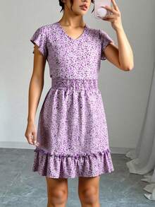 Vestido estampado flores, sexy vintage de manga corta, escote en V acampanado con detalle plisado en cintura para mujer - Lila Púrpura - Ver 3