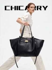 女士纯色大容量手提包，旋转锁扣金属装饰，磁扣闭合，可拆卸优雅丝带手柄，复古街头时尚单肩包，扇形设计，个性化手提包，适合购物、约会、旅行、商务、办公、露营等场合，可收纳雨伞、水瓶、钱包等。 - 黑色 - 查看 11