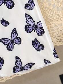 Young Girls Solid Color Ribbed Ruffle Camisole Top + Butterfly Print Flare Pants Set - Purple - View 4