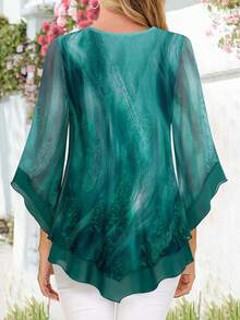 CheersLife Blusa elegante de mujer con cuello en V, de doble capa, con malla elástica, de estilo casual y fluido para el trabajo, con volantes y mangas acampanadas 3/4