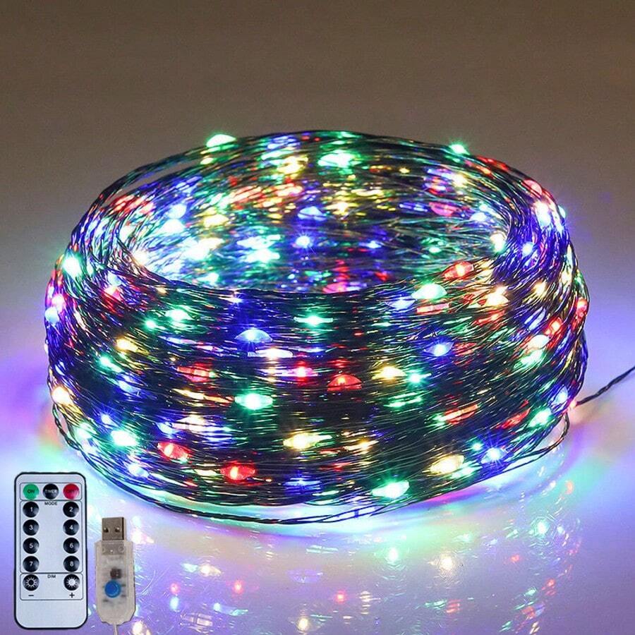 5/10/20米LED灯串，8种模式，深绿色铜线灯，星光效果，圣诞树装饰，节日氛围灯，藤编花环装饰