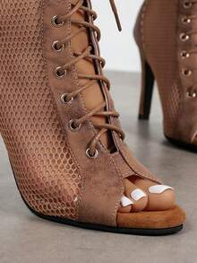 Women's New Fashionable Shiny Breathable Hollow Mesh Lace-Up Zipper Decor Open Toe Non-Slip Round Toe Thin High Heel Ankle Boots, Sexy Modern European And American Style Dance Shoes, Increased Height Brown High Heel Sandals - Brown - View 6