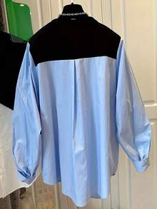 Women's Fashionable Elegant Casual Round Neck Long Sleeve Loose Dual-Color Blouse, Solid Woven Fabric, Front Button, Casual Office Daily Wear, Spring/Summer Shirt - Dark Blue - View 2