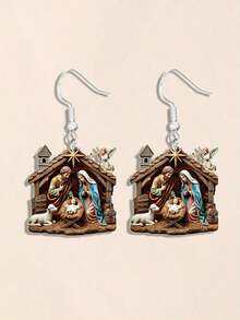 1 Pair Vintage-Inspired Acrylic Christmas Scene Earrings - 2D Flat Design Featuring The Holy Family And Shepherds, Stainless Steel Hooks, Hypoallergenic, Perfect For Daily Wear, Parties, And Gifting, Perfect Holiday Gift - 彩色 - 查看 6