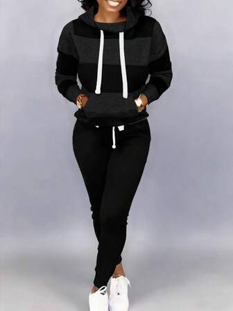 秋冬新款欧美时尚女装条纹拼接连帽宽松口袋卫衣裤套装