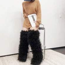 Women's Thigh High Fur Boots Faux Fur Fluffy Flat Warm Over The Knee Boots Tall Furry Snow Shoes For Women - 黑色 - 查看 6