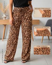 Women's Wide-Leg Trousers With Leopard Print, Made Of Polyester, With Pockets And Elasticated Drawstring Waist. - Ounce - View 1