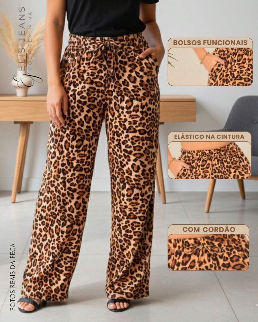 Women's Wide-Leg Trousers With Leopard Print, Made Of Polyester, With Pockets And Elasticated Drawstring Waist. - Ounce - View 1