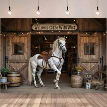 1 件西部牧场背景布，图案为德州牛、锤子、树木和木桶，摄影背景横幅，非常适合生日派对和西部主题活动、派对装饰、西部主题装饰、西部派对装饰、家居花园和客厅装饰。 - 彩色 - 查看 4