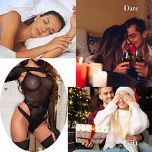 Women's Sexy Mesh Bodysuit, Long Sleeve Shrug Top Cami Jumpsuit With Garter Belts And Leg Rings For Rave, Nightclub - 黑色 - 查看 6