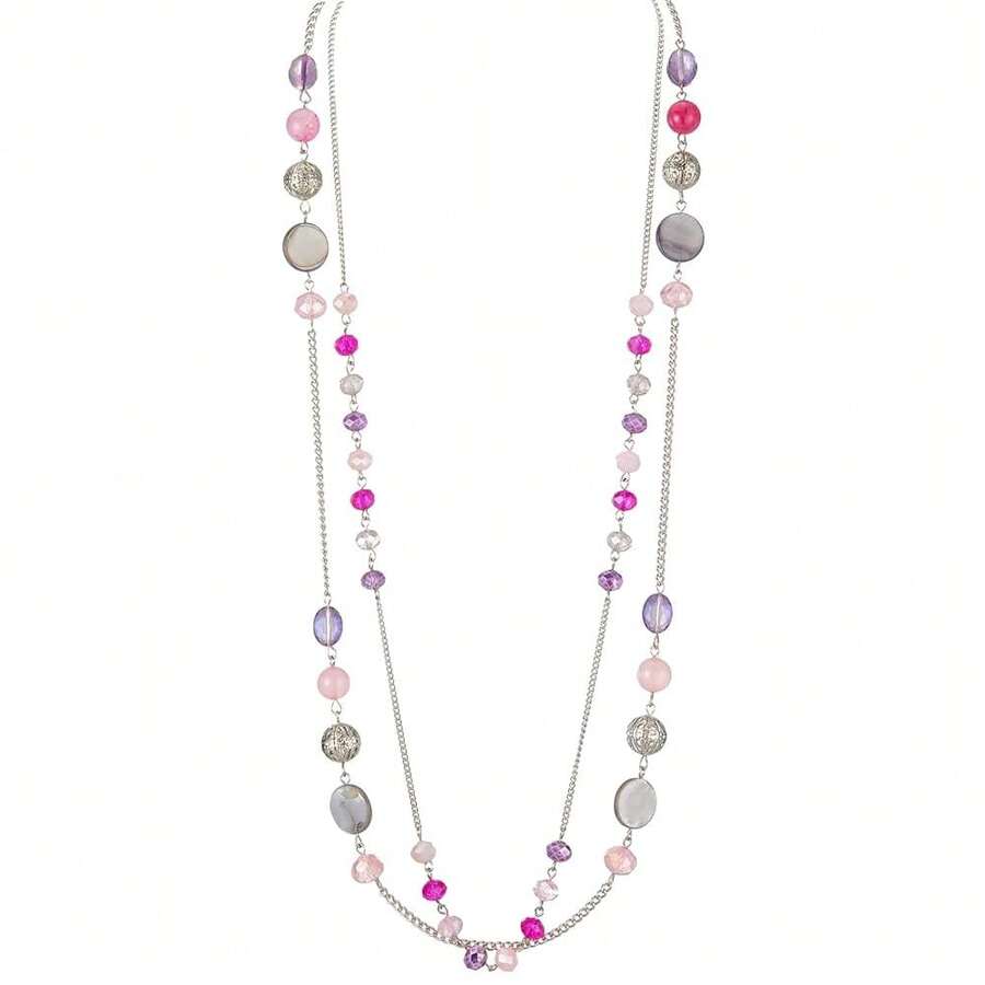 Noessla Layered Long Necklaces For Women Crystal Beaded Statement Necklace Sweater Silver Chain With Gifts Box Jewelry{Inchcolor_nameinch:InchHotpinkinch} - 亮粉紅色 - 查看 1