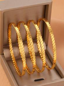4pcs 18K Gold Plated Copper Striped Bangle Bracelets, Fashionable & Unique, Suitable For Women's Party, Gift, And Daily Wear - Yellow Gold - View 8