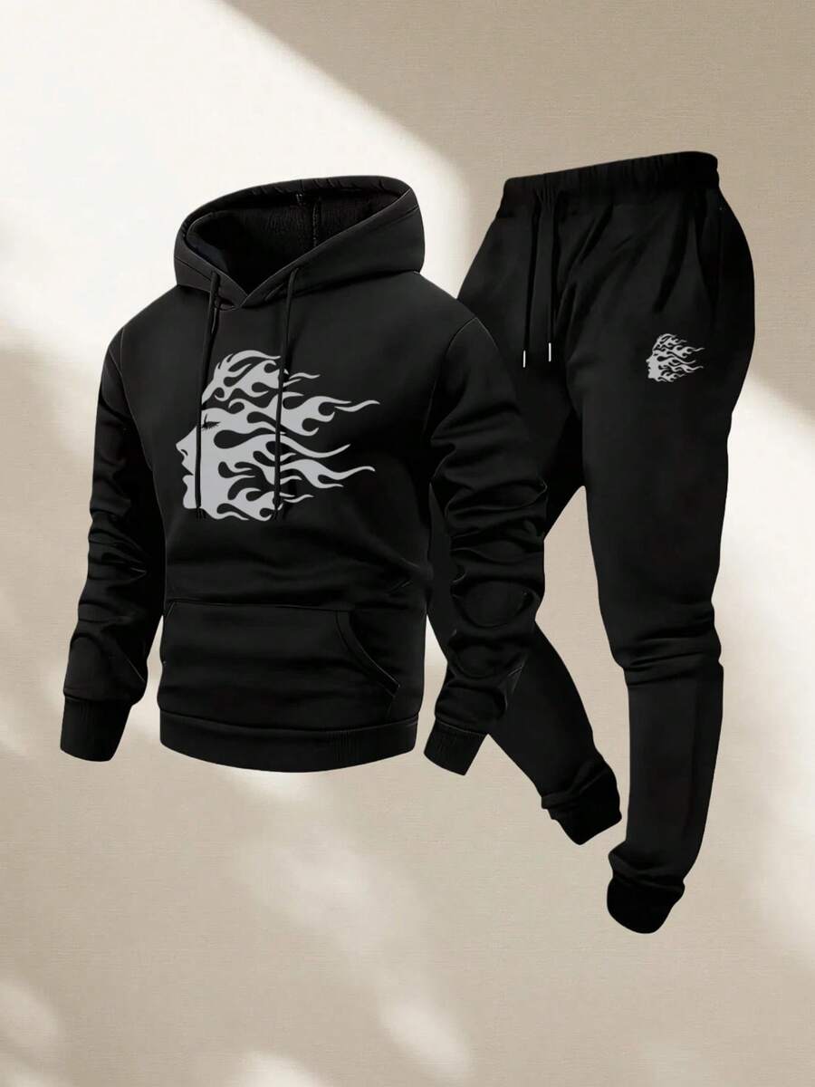 Men's Two-Piece Suit, Casual Round Neck Long-Sleeved Hooded Sweatshirt And Sweatpants Set, Suitable For Winter And Autumn, Sportswear Set, Pattern, Sweater Hoodie, Sweatshirt, Halloween, Jogging Pants, Pants, Hoodie, Sweatpants, Jogging Pants - màu đen - Xem 1