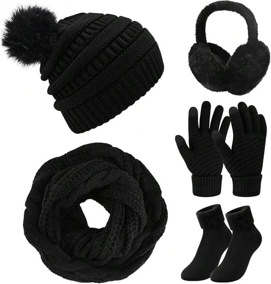 Set de Gorro Bufanda de Punto Invierno con Guantes de Pantalla Táctil Orejeras de Cálida Calcetines de Forro Polar 5 en 1 Conjunto - Negro - Ver 1