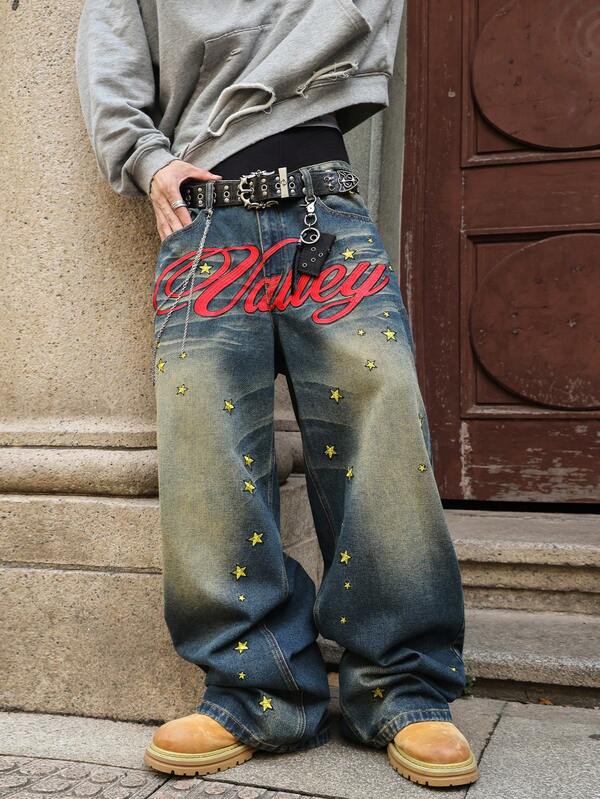 Herren weite Jeans mit Buchstickerei, amerikanischer Streetwear Y2K Stil lässige Jeans