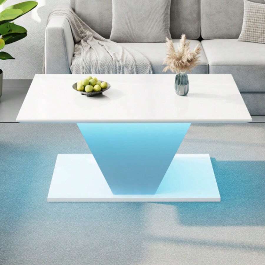100*50*46cm Special Shape Coffee Table, Coffee Table With LED Lights, High Gloss Living Room Table, Sofa Table, Side Table, Suitable For Small Spaces, White, V-Shaped - White - View 1