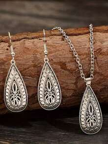 Drop Shape Alloy Flower Carving Vintage Necklace &  Earrings Set Valentines,Mom,Mother,Mother's Day, - 銀色 - 查看 3