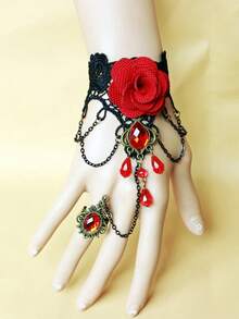 1 件女士复古哥特朋克时尚勃艮第花朵蕾丝手链腕带配红色宝石戒指万圣节