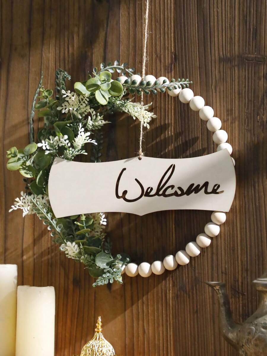 1pc Wooden Bead Wreath, Artificial Green Plant Flower Entrance Hanging Decor, Boho Style Wall Art, Suitable For Entryway, Living Room, Home Decor, Party And Daily Use - Multicolor - View 1