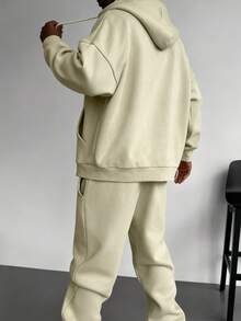 男女通用双拉链连帽衫，超大款酸洗连帽衫，厚实抓绒棉拉链连帽衫，复古款 - 卡其色 - 查看 5