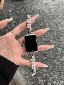 1 pieza de estilo de vacaciones de verano para mujer, estilo de fragancia pequeña con diamantes incrustados y correa de perlas, adecuado para Band 8 Pro/9 Pro, para Mi Band 3/4/5/6/7, 8/8 NFC/9/9 NFC/10/10 NFC, para Watch4/Watch5/Watch6 - Plateado - Ver 2