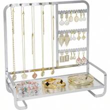 Jewelry Organizer Stand Metal Jewelry Rack With Acrylic Tray Necklace Storage Holder Fashionable Display Stand Rings, Earrings Bracelets Silver
