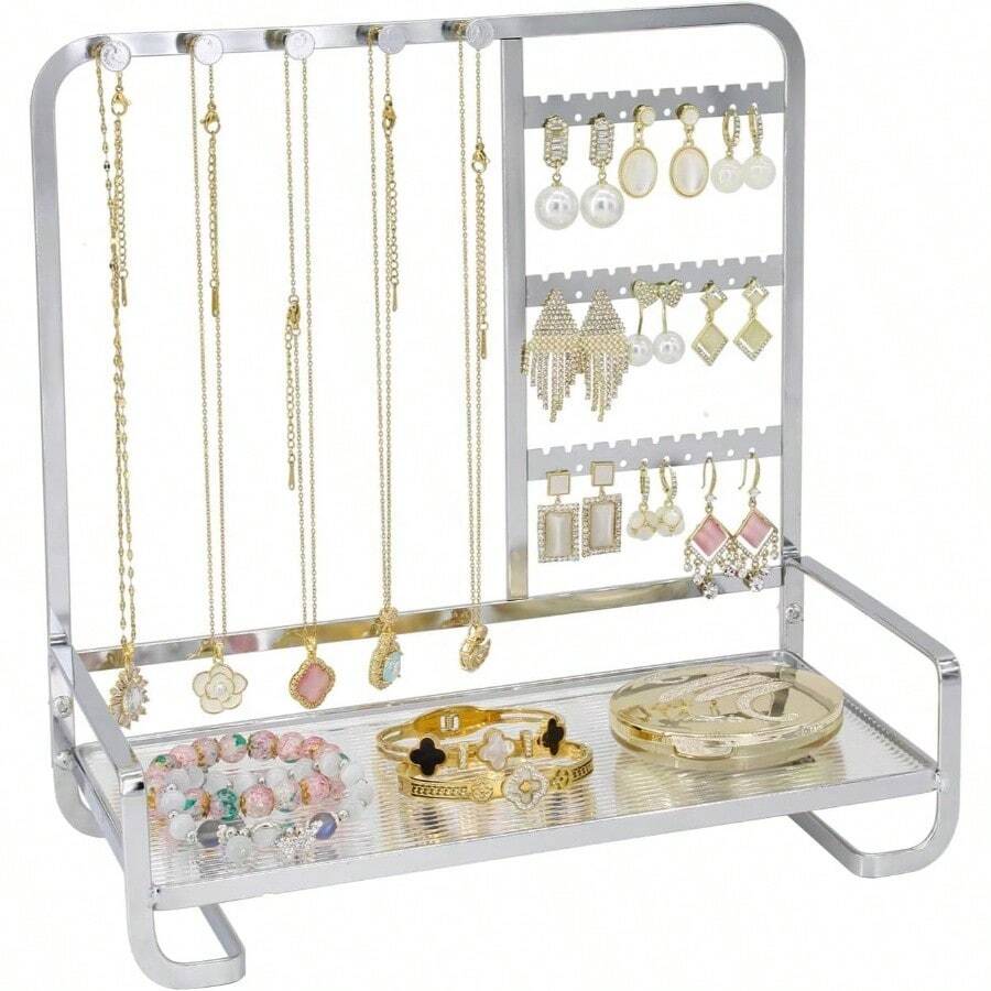 Jewelry Organizer Stand Metal Jewelry Rack With Acrylic Tray Necklace Storage Holder Fashionable Display Stand Rings, Earrings Bracelets Silver