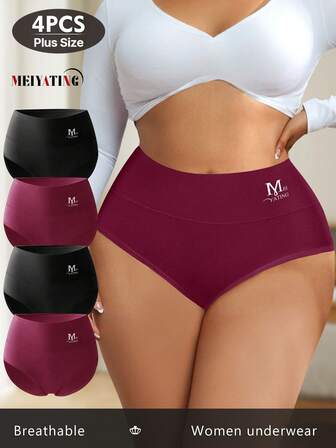 MEIYATING 4 piezas Bragas de algodón de talla grande para mujer, con estampado de letras en inglés, ajuste cómodo, unicolor, tipo triángulo