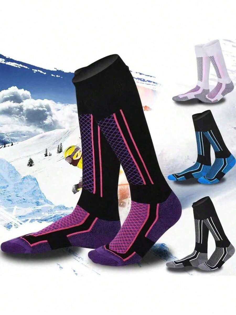 2双冬季保暖加厚滑雪袜专业男女登山袜户外防寒滑雪运动袜保暖毛圈衬里长筒袜 - 彩色 - 查看 1