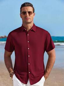 Men's Basic Plain Short-Sleeved Dress Shirt For Summer - Màu Đỏ Sâu - Xem 2