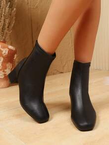 新款冬季保暖内衬尖头粗跟女靴，百搭时尚踝靴，后拉链设计，弹性鞋带 - 黑色(1735) - 查看 3