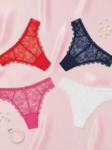 ​Conjunto de Bragas de Encaje Floral Ultra Suave y Transparente (4 Piezas) - Estilo Brasileño de Corte Alto, Sin Costuras y con Lazo Delantero - Lencería Sexy Cómoda y Transpirable en Tonos Neutros y Oscuros para Uso Diario o Noches Especiales - Multicolo L - Ver 2