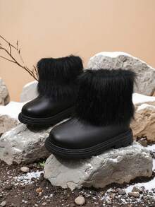 1 双女童中筒靴，时尚拉链设计，防滑橡胶软底，保暖毛皮衬里，柔软 PU，厚底，加高，适合表演、滑雪、打雪仗、幼儿和小女孩鞋，2025 年冬季新品