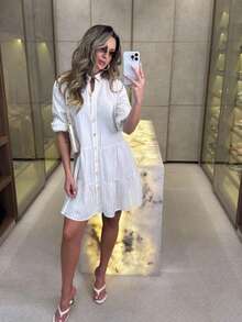Women's Striped Midi Dress With Shirt Collar And Bishop Sleeves, Casual, With Buttons, Asymmetrical Hem, Summer And Beach. - 白色 - 查看 1