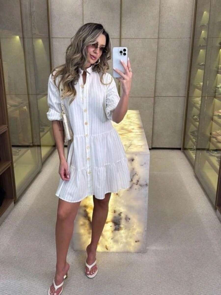 Women's Striped Midi Dress With Shirt Collar And Bishop Sleeves, Casual, With Buttons, Asymmetrical Hem, Summer And Beach. - 白色 - 查看 1