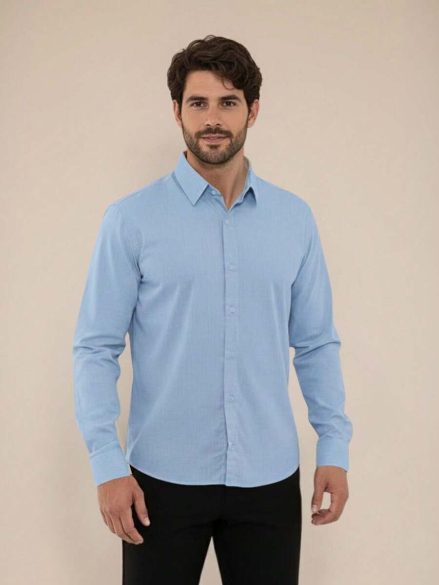 Men's Premium Linen-Type Long-Sleeve Slim Fit Structured Executive Work Shirt | Linen Print Dress Shirt - Light Blue - View 1