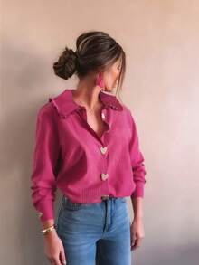 Autumn And Winter Women's Fashion Elegant Casual Simple Daily Commuter Rose Pink Striped Metal Heart Button Basic Shirt, Autumn Women's Going Out Tops, Business Casual Women's Clothing - Hot Pink - View 3