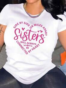 Siempre Hermanas, Carta de Amor Primavera y Verano Camiseta de Manga Corta, Casual y Cómoda para Mujer - Blanco - Ver 2