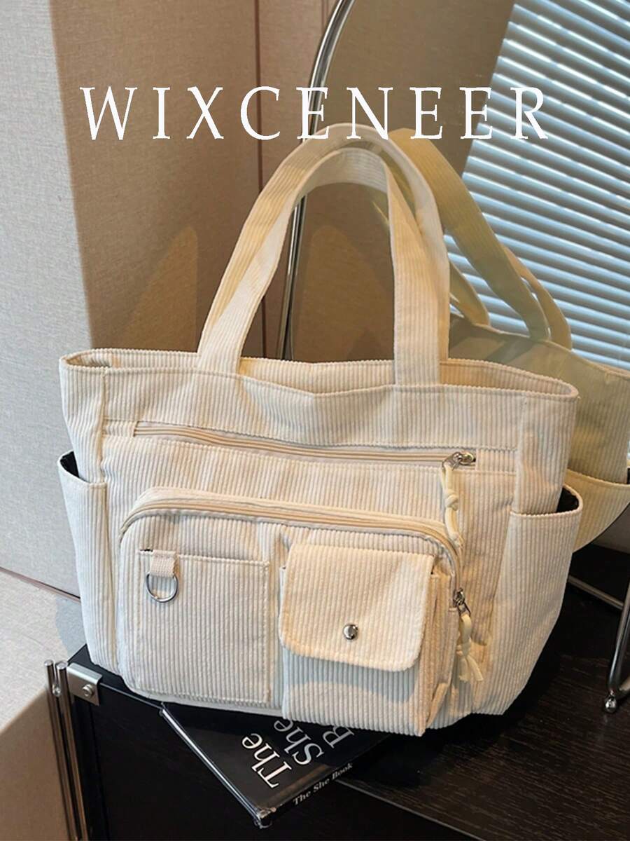 女士大容量尼龙单肩包 - 前置口袋和拉链斜挎设计