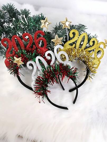 2026新年快乐头饰 - 圣诞头饰 - 节日派对装扮发箍，饰有星星和金属丝 - 新年庆祝活动配饰，适用于圣诞派对、新年派对或拍照背景。2026派对、酒吧、聚会和嘉年华 - 闪亮多彩的数码圣诞装饰头饰