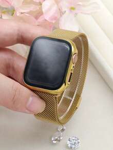 2-In-1 Band And Case, Gold Color, Compatible With Apple Watch. Soft And Breathable Adjustable Stainless Steel Band Paired With A Magnetic Band, And A Shockproof And Scratch-Resistant Hard PC Hollow Case. Compatible With Apple Watch Series Ultra/11/10/9/8/7/6/5/4/SE, Sizes 40/41/42/44/45/46/49mm. Comfortable To Wear With Excellent Feel. Suitable For Both Men And Women. - Gold - View 8